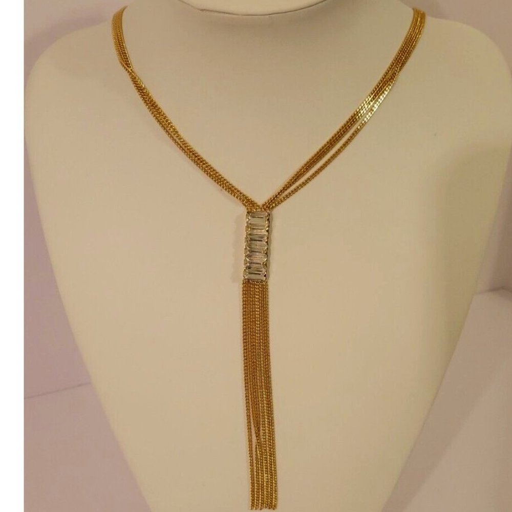 Lisa Freede Necklace Gold Lariat Rhinestone and Tassel